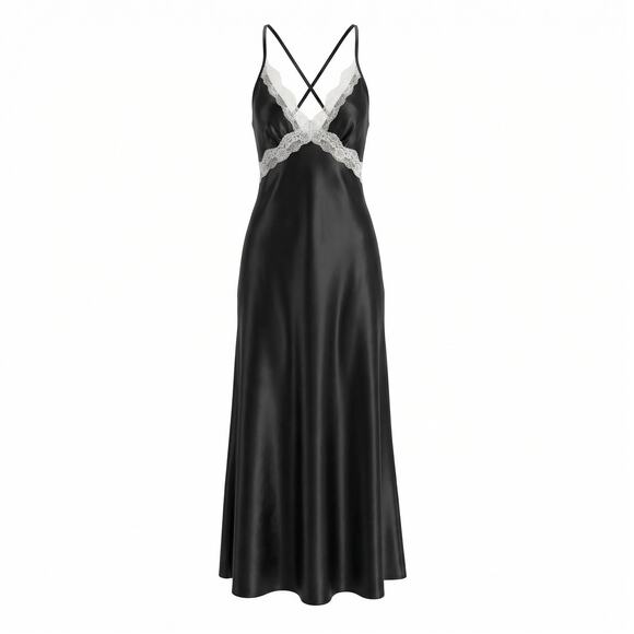 Sincerely Jules Dresses & Skirts - SINCERELY JULES Black Satin bias cut Maxi Dress white lace trim V Neck XL